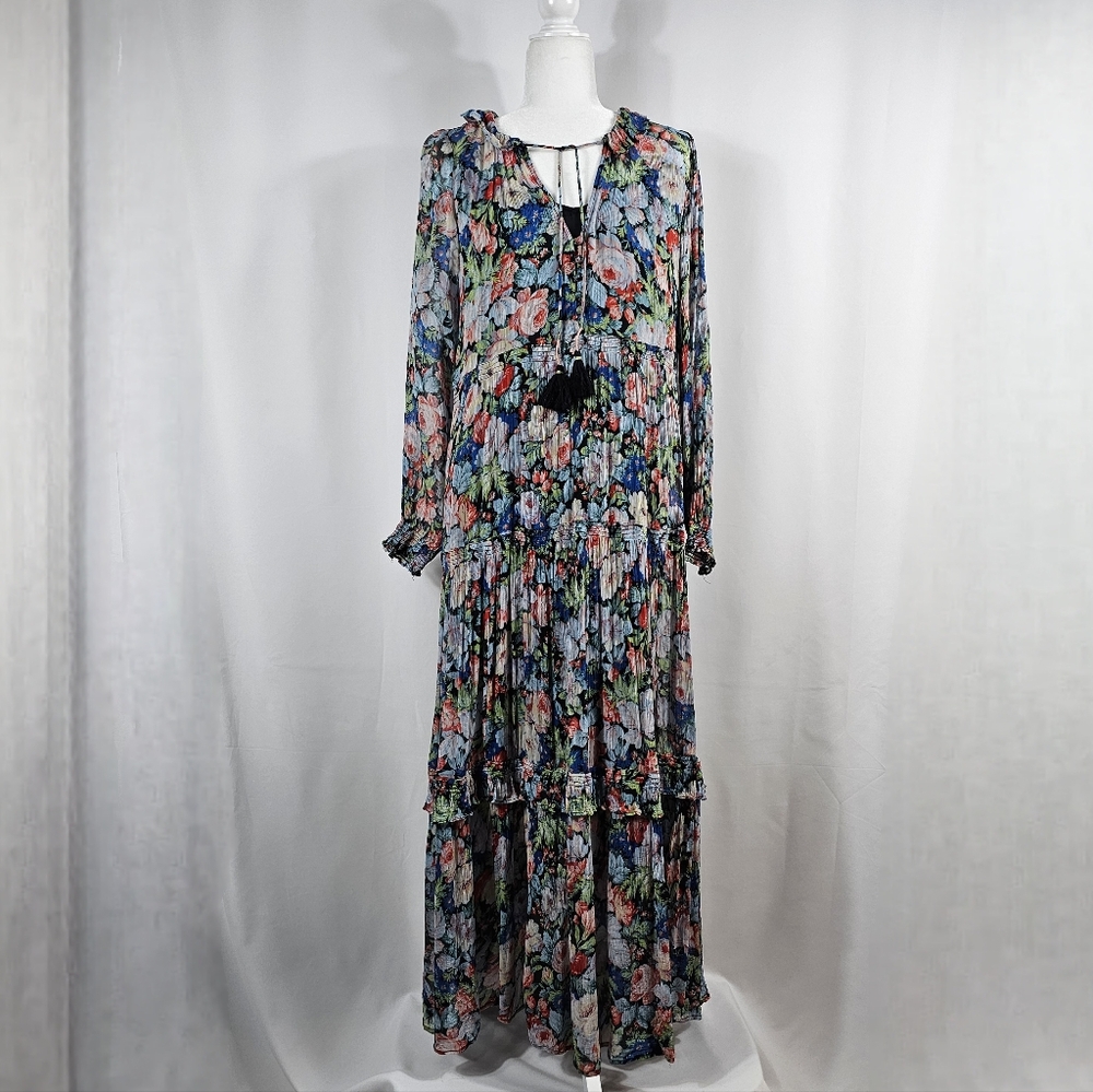 Anthropologie The Marais Printed Chifron Maxi Dress Pleated Long Sleeve Floral S - Picture 2 of 16